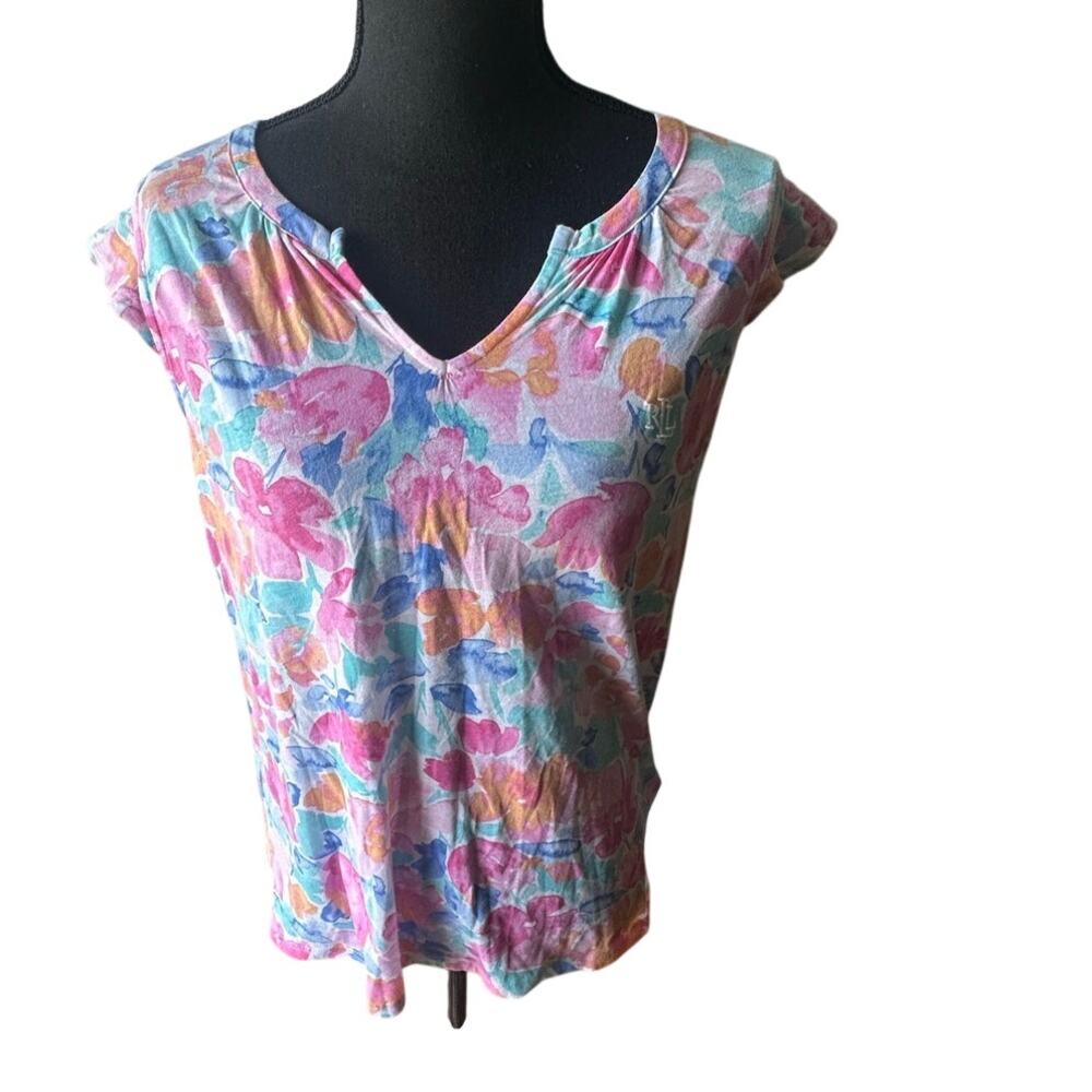 Lauren Ralph Lauren Floral Linen Blouse M Sleeveless V Neck Summer Chic